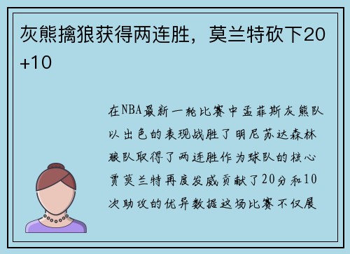 灰熊擒狼获得两连胜，莫兰特砍下20+10